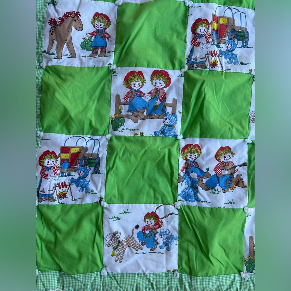 Vintage Handmade Raggedy Ann and Andy Green Gingham Quilt Lace Trim 42”x30” Baby - Picture 5 of 11